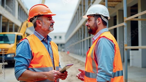 Two construction workers discussing plans on a site with machinery in the background.