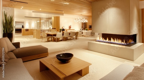 A contemporary living room with a linear fireplace  light wood accents  and neutral furniture. The open design creates a spacious and calming environment