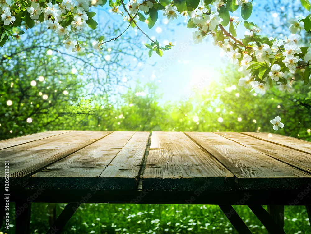 Fototapeta premium Empty Wooden Table Presents Blooming Spring Garden with White Flowers and Sunlight Gently