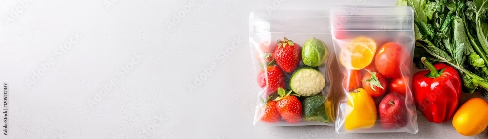 Preserving Wellness: Food Safety, Storage, and Health, Fresh vegetables in plastic bags alongside vibrant greens on a light background. Preserving Wellness: Food Safety, Storage, and Health, Fresh vegetables in plastic bags alongside vibrant greens on a light background.