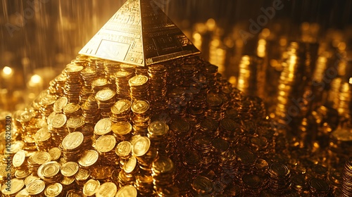 A pyramid structure built from gleaming gold coins and bundles of currency, reflecting opulence and grandeur