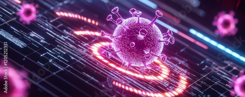 A digitally rendered depiction of a virus, showcasing vibrant colors and a futuristic design, surrounded by abstract data elements.