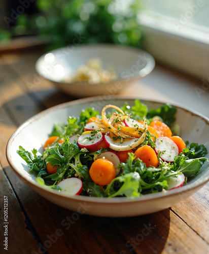Fresh winter-to-spring salad with vibrant greens, radishes, and carrots, celebrating nutritional renewal and seasonal produce