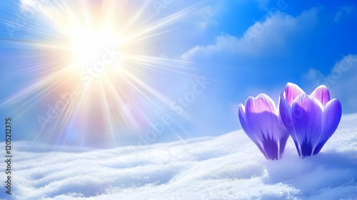 Purple flowers emerge from the snow under a bright sun with vibrant rays beaming through the sky.