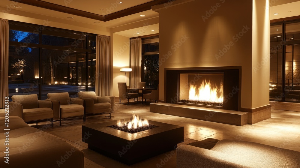 A cozy yet modern living room with a large fireplace, comfortable seating, and neutral color tones. Ambient lighting adds a warm glow to the space A cozy yet modern living room with a large fireplace, comfortable seating, and neutral color tones. Ambient lighting adds a warm glow to the space