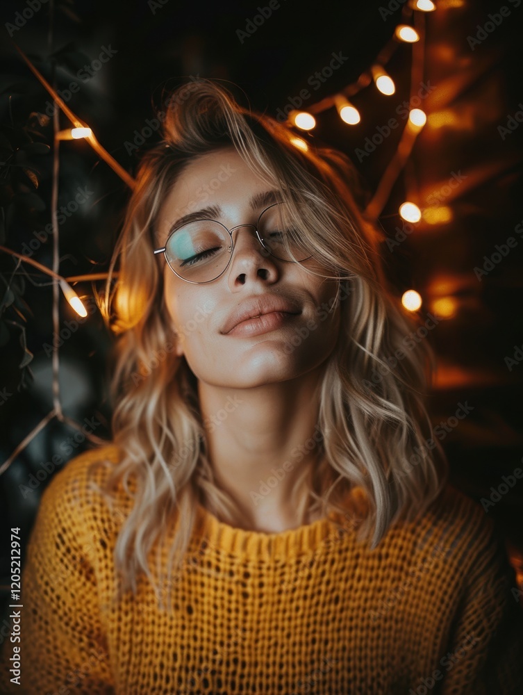 Fototapeta premium Woman with blonde hair and glasses is sitting in a yellow sweater