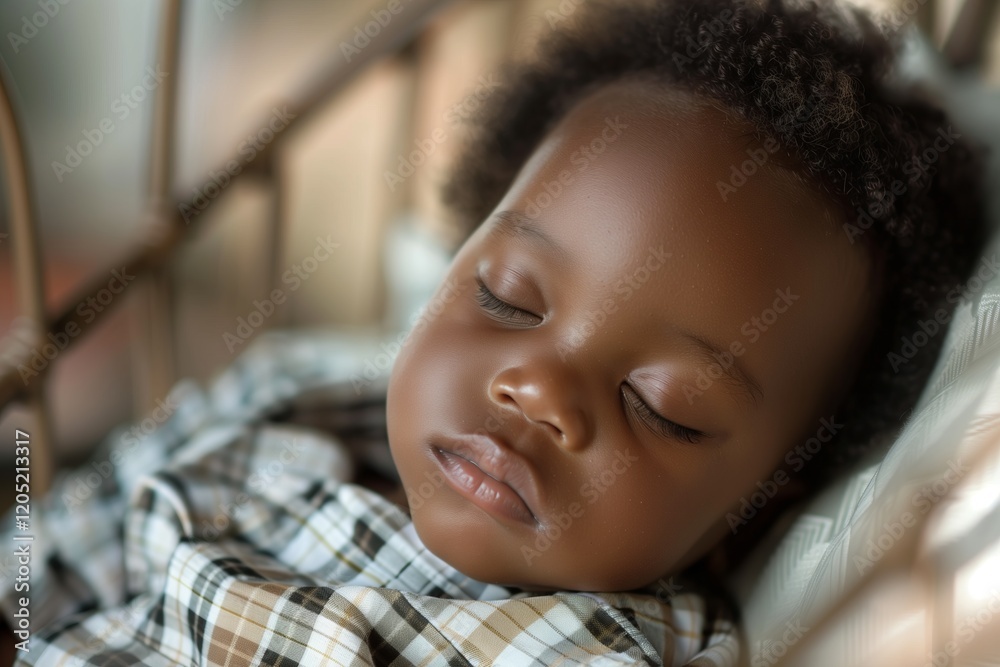 A peaceful sleeping baby with curly hair resting comfortably in a cozy environment. A peaceful sleeping baby with curly hair resting comfortably in a cozy environment.