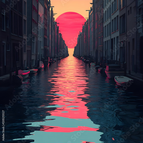 Canal Cityscape with Pink S...