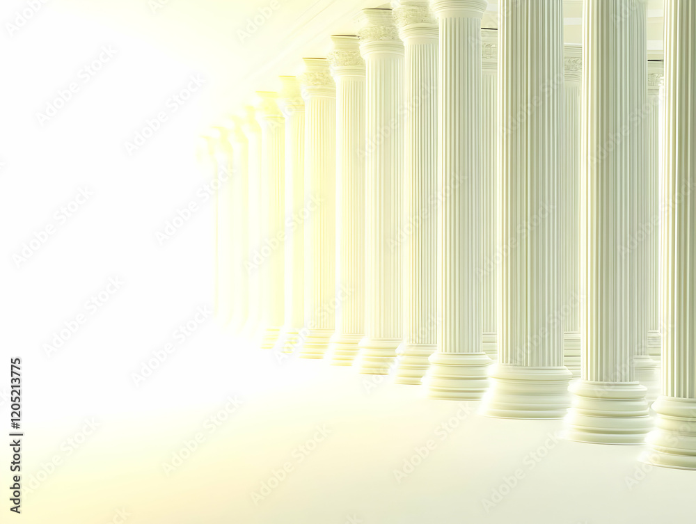 Obraz premium White columns stand tall in a bright space, reaching into a soft, illuminating light source.