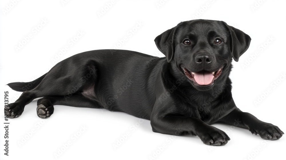 Happy Black Labrador Retriever Relaxing on White Background Happy Black Labrador Retriever Relaxing on White Background