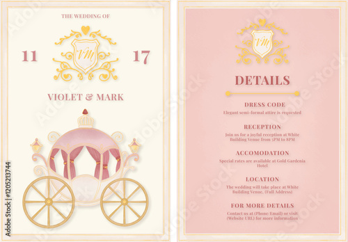 Set of wedding invitation design watercolor fairytale carriage