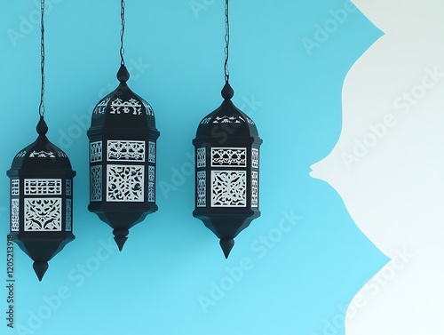 Three Elegant Black Lanterns Hanging Against A Blue Background photo