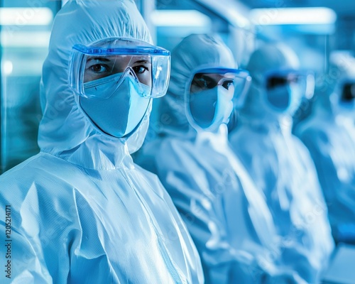 A group of medical professionals in protective gear, focusing on safety and hygiene in a clinical environment. photo