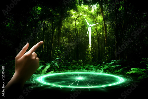 Hand points to a wind turbi...