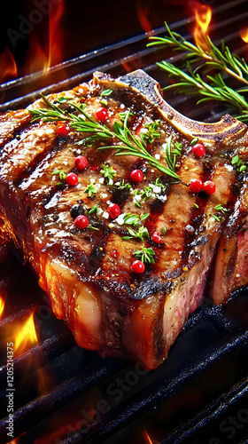 Grilled steak sizzling on t...