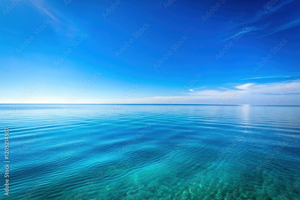 Obraz premium Serene Minimalist Seascape: Calm Blue Ocean, Clear Sky Horizon, Peaceful Coastal Background