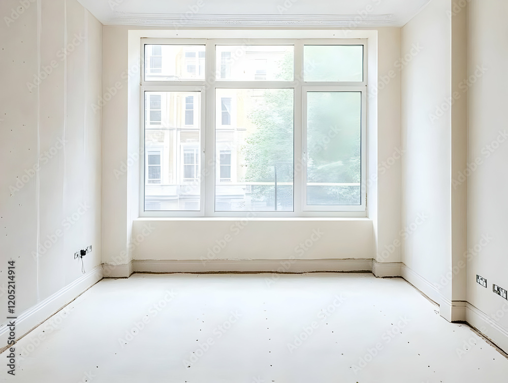 Fototapeta premium Empty Room Shows White Walls, Floor, and Large Window with City View During Renovation