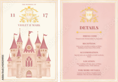Wedding invitation card design watercolor castle fairytale