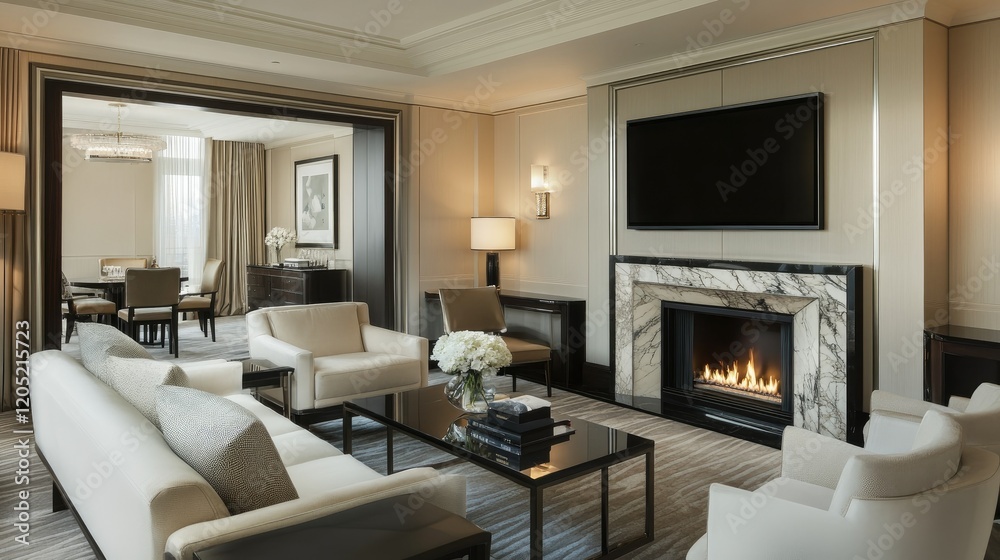 A modern living room with a marble-framed fireplace, comfortable seating, and clean lines. Subtle decor creates an inviting yet stylish atmosphere A modern living room with a marble-framed fireplace, comfortable seating, and clean lines. Subtle decor creates an inviting yet stylish atmosphere