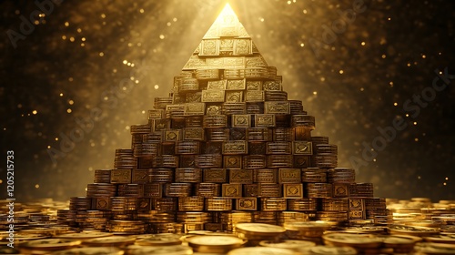 A pyramid of gold coins and currency, standing proudly in a setting designed to showcase its magnificence