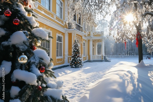 A picturesque winter scene featuring snow-covered trees and a beautifully decorated Christmas tree in front of a yellow Georgian house style building. The sun shines through the trees.