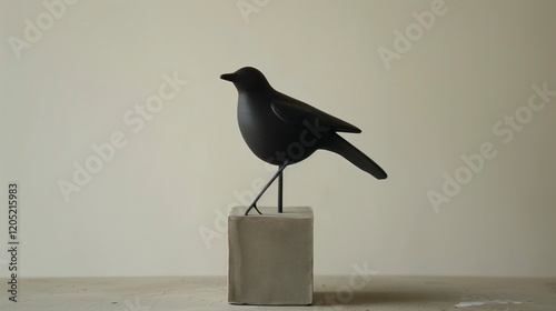 A modern ceramic bird figure with a matte black finish, perched on a thin metal rod attached to a cube-shaped base. photo