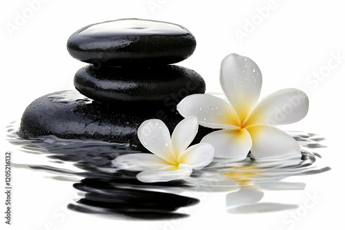 Wet black stones and white flower create a tranquil spa setting in a serene image.
