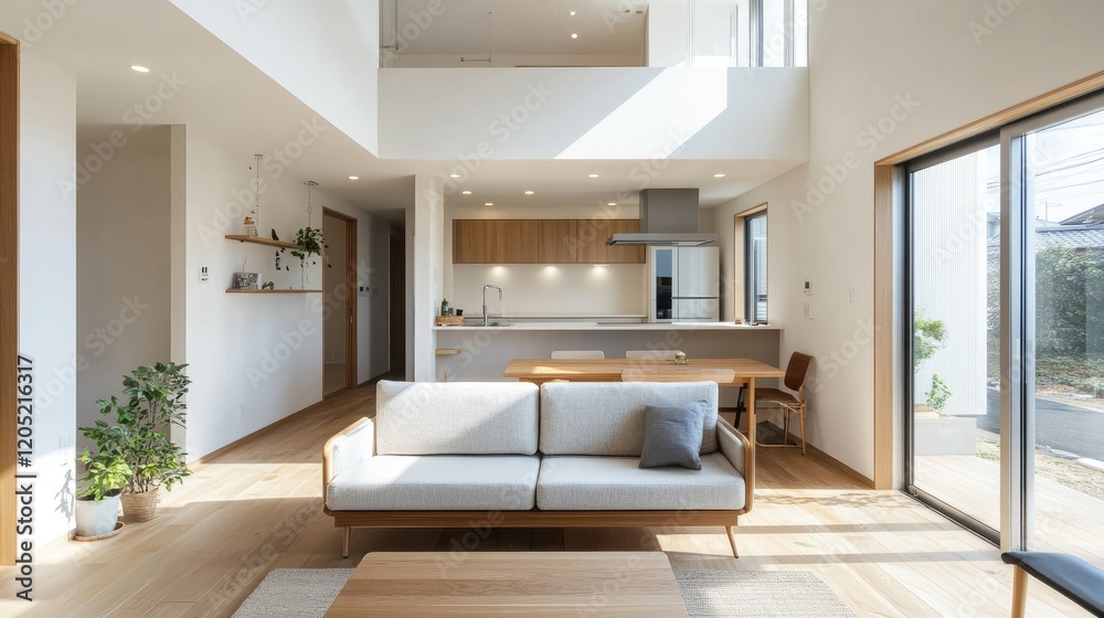 Fototapeta premium A modern, minimalist home with a clean-lined sofa, neutral decor, and an open-plan kitchen. Natural light pours into the space, highlighting its simplicity