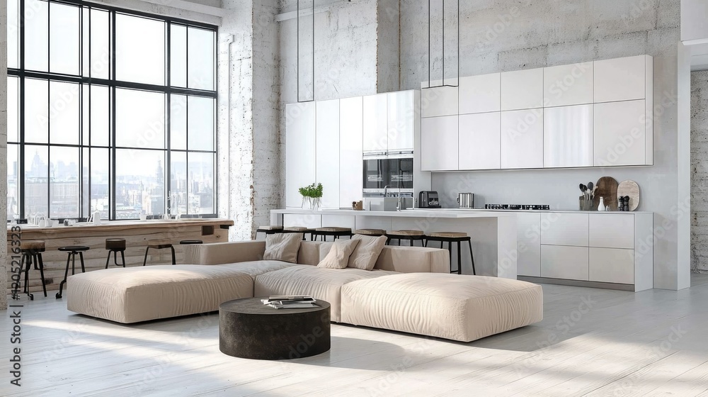 Fototapeta premium A modern minimalist interior with a neutral sofa, a sleek coffee table, and an open-plan kitchen featuring white cabinetry and ample natural light