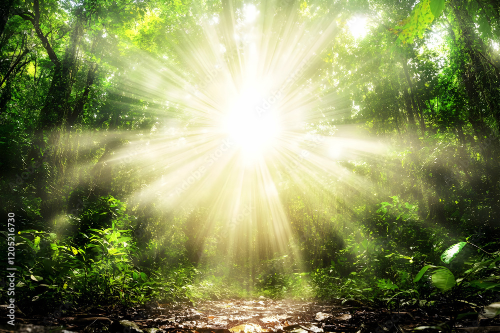 Obraz premium Sunbeams illuminate a lush green forest path beautifully and serenely in the morning.