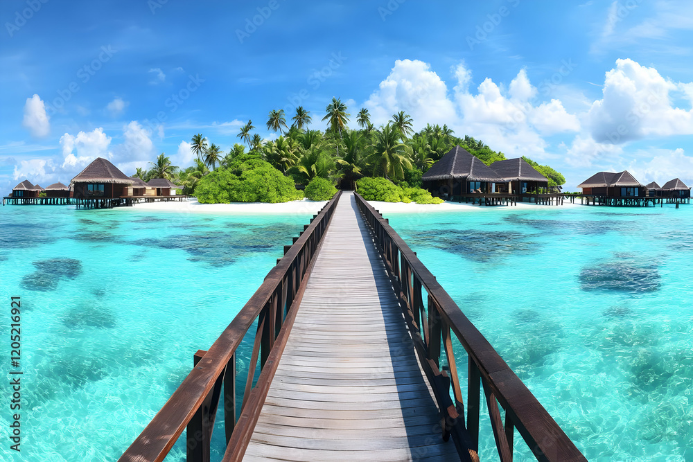 Wooden Pier Connects Tropical Island Bungalows to Pristine Turquoise Waters, Basking Under Clear Blue Sky. Wooden Pier Connects Tropical Island Bungalows to Pristine Turquoise Waters, Basking Under Clear Blue Sky.