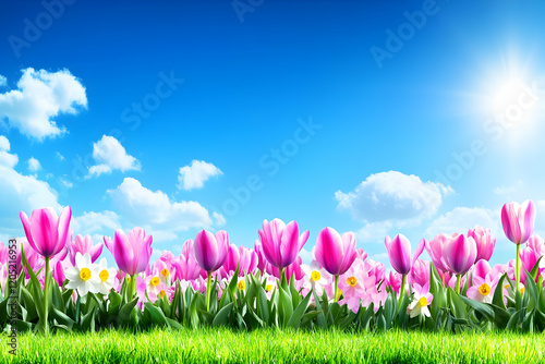 Pink tulips and white daffo...