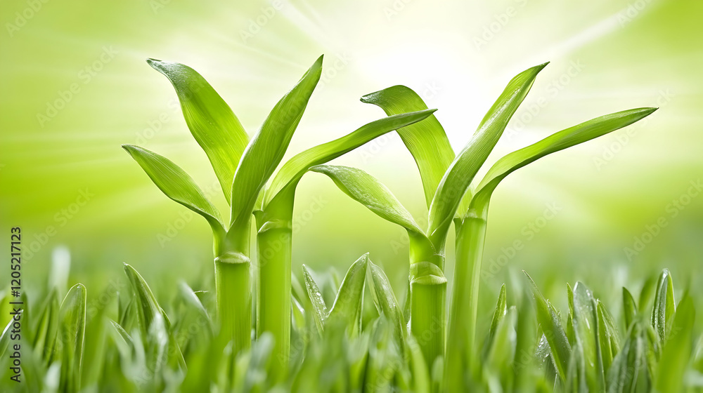 Fototapeta premium Two Vibrant Bamboo Shoots Sprout Gracefully in Lush Green Grass with Sunlight Gently Illuminating the Scene.