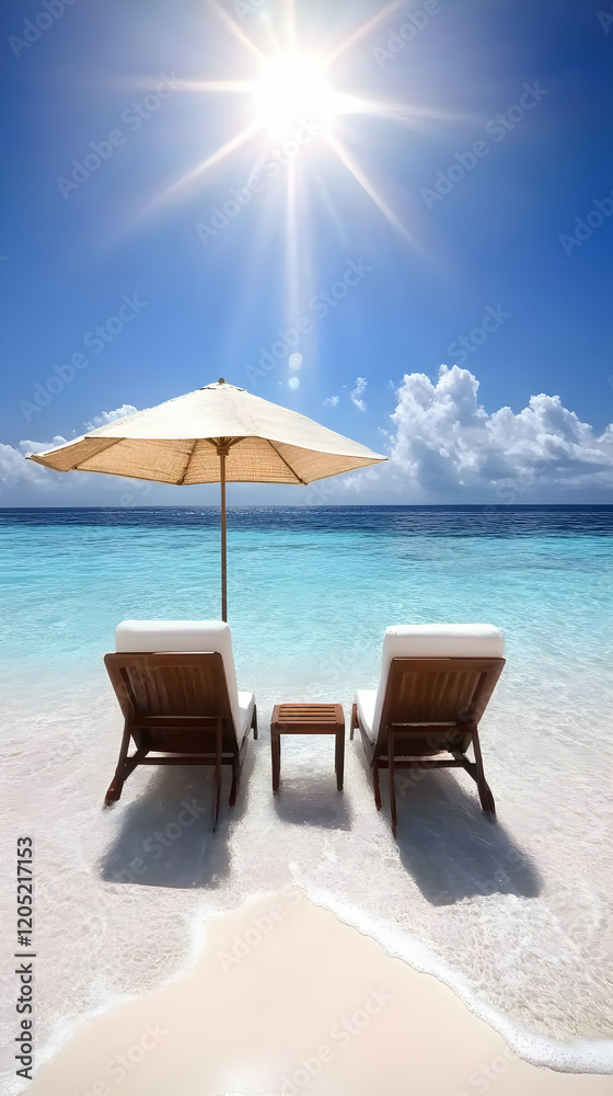 Two beach chairs sit under an umbrella on a sunny beach with waves gently lapping at the shore. Two beach chairs sit under an umbrella on a sunny beach with waves gently lapping at the shore.