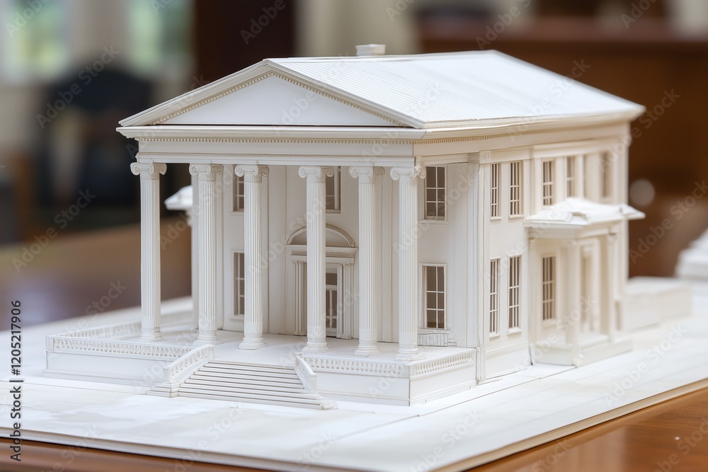 Fototapeta premium A Greek Revival house style detailed architectural model of a classic building featuring columns, a pediment, and stairs. The model is made of white material, showcasing intricate design elements.
