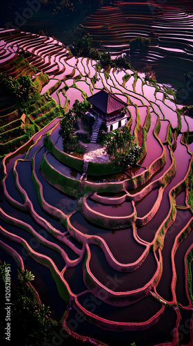 Aerial view of vibrant pink...