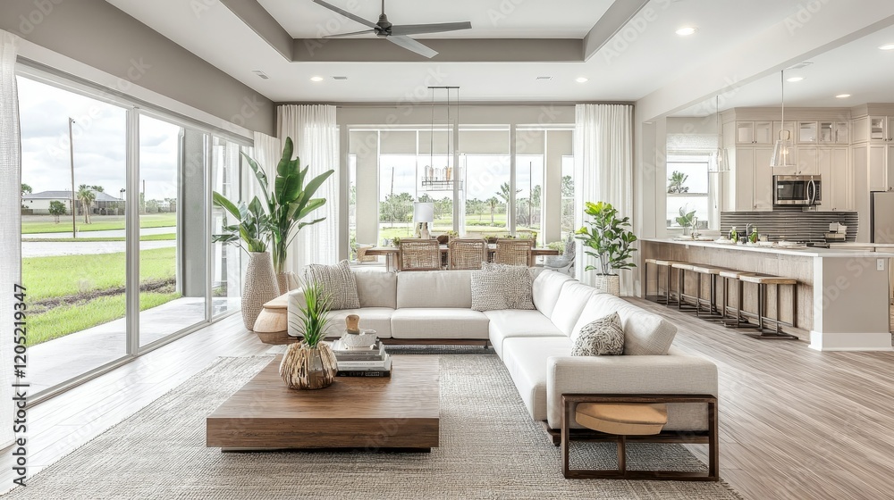 Fototapeta premium An elegant, minimalist living area with clean lines and neutral tones connecting to a modern, spacious kitchen. Oversized windows enhance the open, airy feel