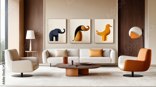 A living room with animal-themed art on the walls, featuring modern, abstract renditions of lions, elephants, and birds in rich, earthy tones