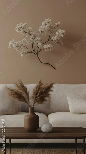 Beige sofa and wooden coffe...