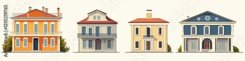 A collection of four distinct Italianate house style, each showcasing unique architectural styles and colors. The first house is orange with a balcony, the second is white with a sloped roof. photo