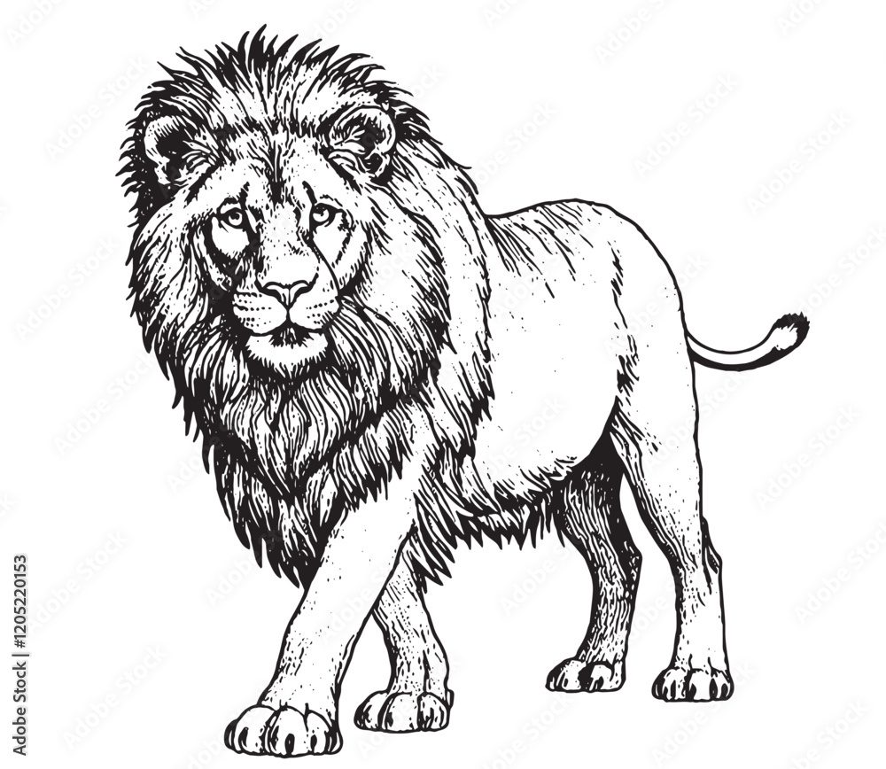 Obraz premium Side view of a Lion standing, Panthera Leo, 10 years old, sketch Black and White sketch transparent white background