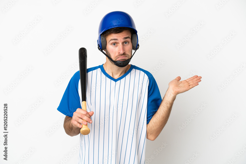 Young caucasian man playing baseball isolated on white background having doubts while raising hands Young caucasian man playing baseball isolated on white background having doubts while raising hands