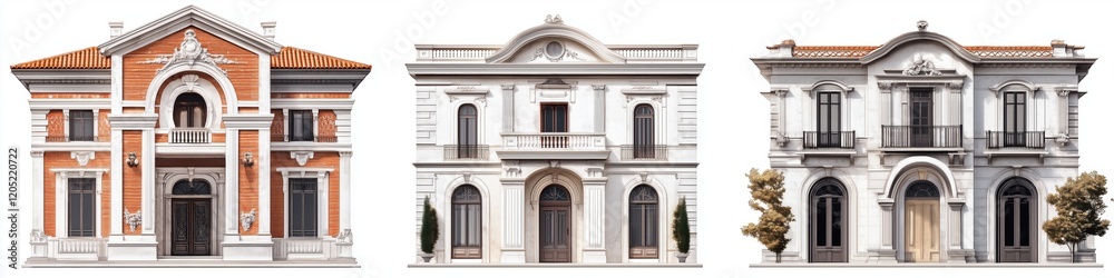 Obraz premium A collection of three distinct architectural Italianate house style facades showcasing classical design elements. The first facade features orange brick with ornate detailing.