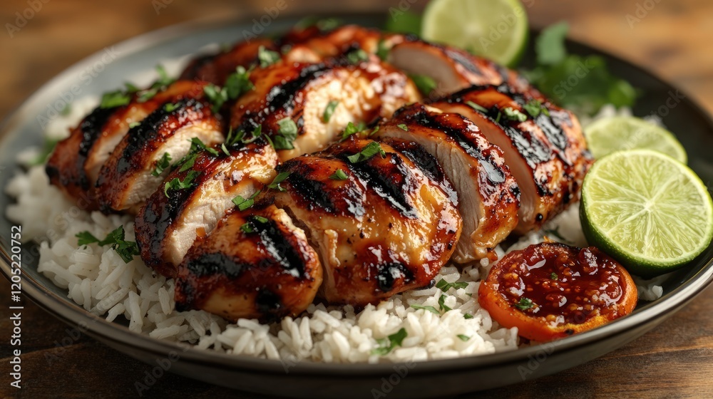 Grilled chicken, rice, lime, and sauce. Grilled chicken, rice, lime, and sauce.