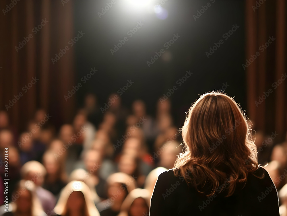 Woman Stands Before a Blurred Audience in a Dimly Lit Venue, Ready to Speak Woman Stands Before a Blurred Audience in a Dimly Lit Venue, Ready to Speak