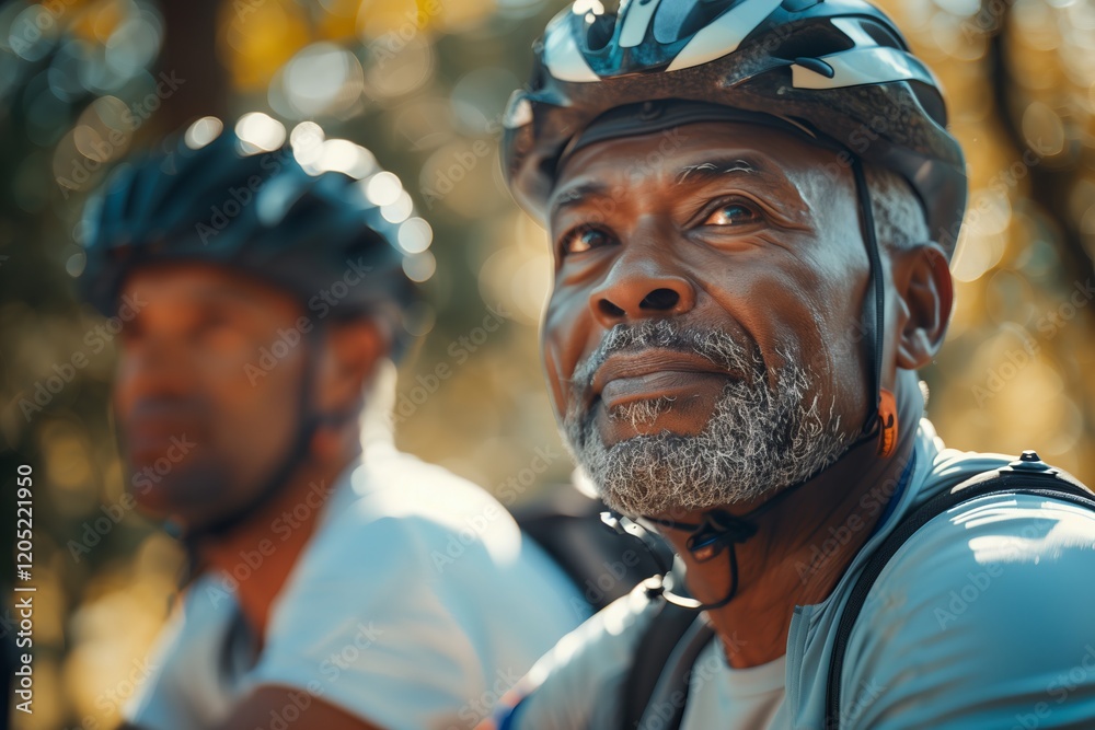 A thoughtful elderly cyclist enjoys a peaceful moment in nature while riding bikes. A thoughtful elderly cyclist enjoys a peaceful moment in nature while riding bikes.
