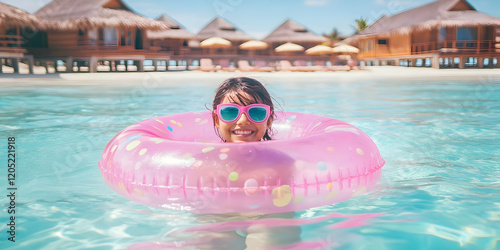 Girl floats in a pink infla...