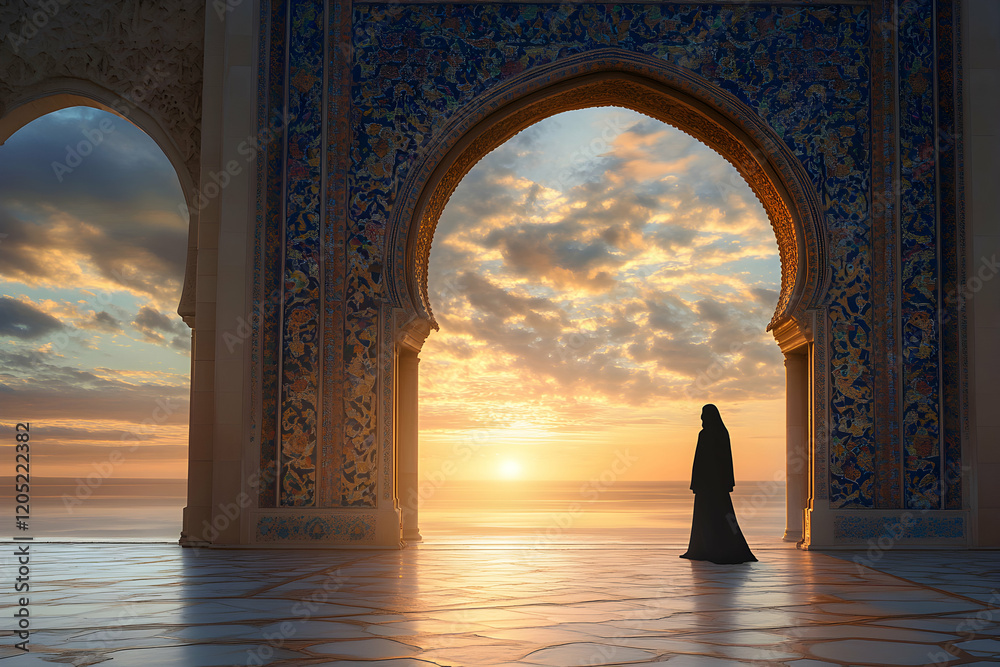 Fototapeta premium Sunset Silhouette: A Woman in Traditional Attire Contemplates the Ocean from an Ornate Archway