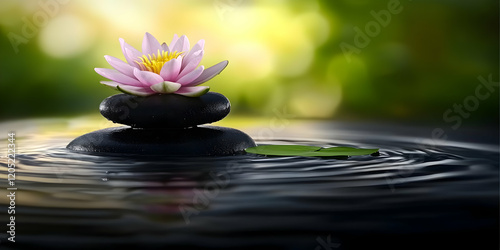 Pink water lily rests on bl...