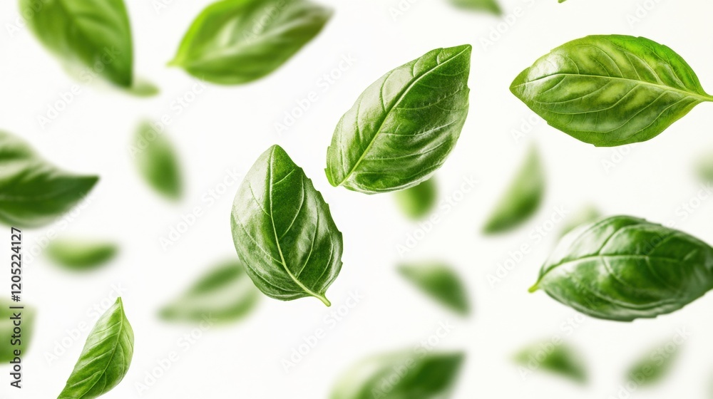 Fototapeta premium Fresh Green Basil Leaves Floating on a Light Background